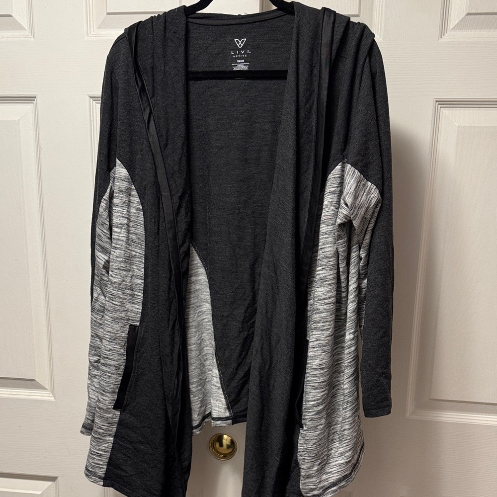 Lane Bryant LIVI Active Black and Gray Hooded Open-Front Cardigan